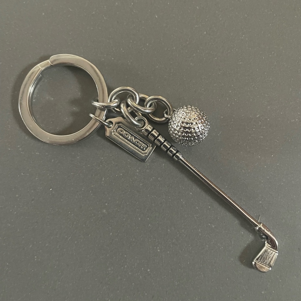 COACH Nickel Silver Golf Club / Golf Ball Keychain Key Ring FOB Silver NEW